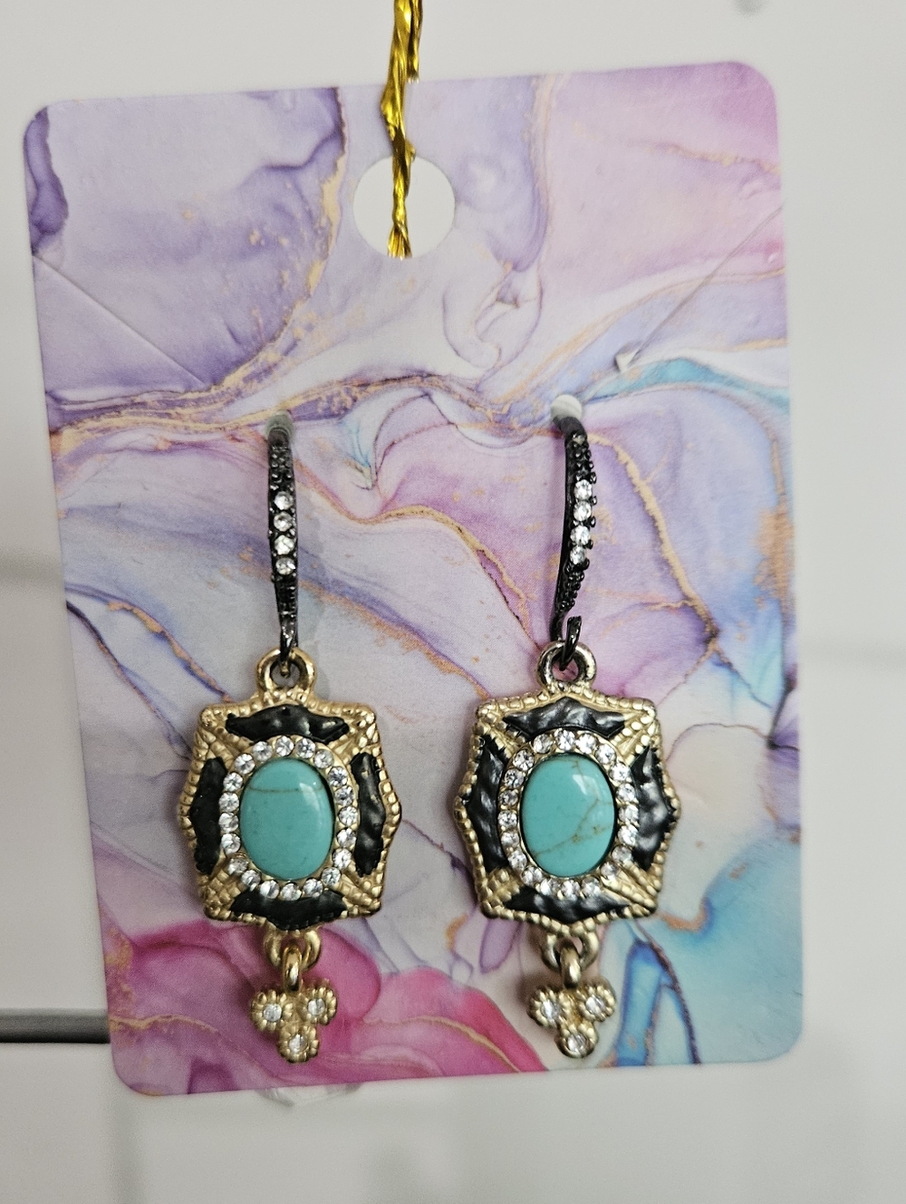 Vintage-Style Turquoise Drop Earrings - Gold & Black Accents